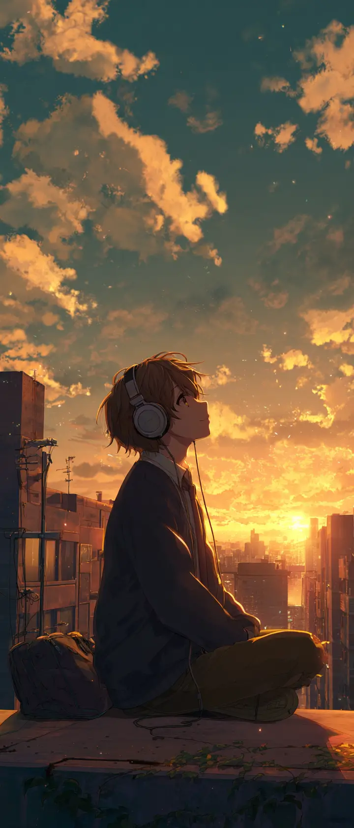 夕焼けの学校屋上に立つ少年