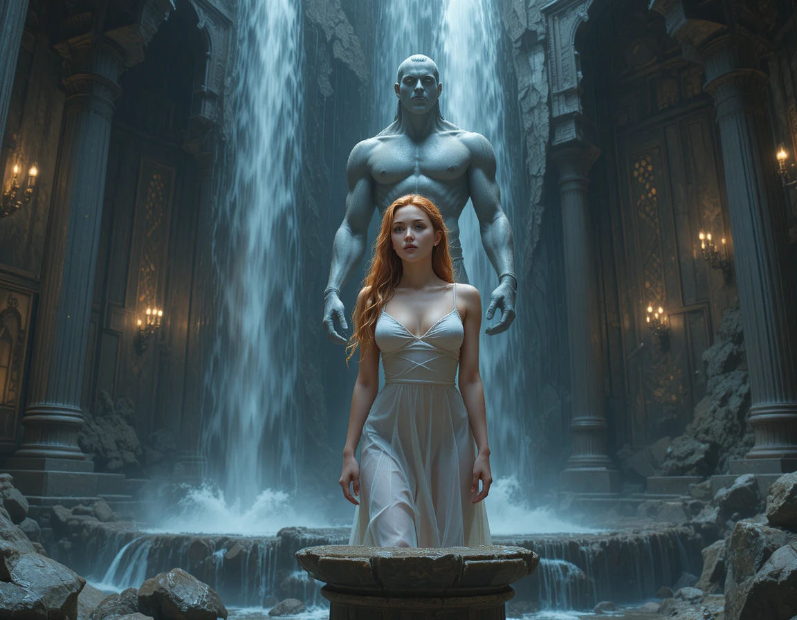 Jeune femme rousse debout sous une douce cascade
