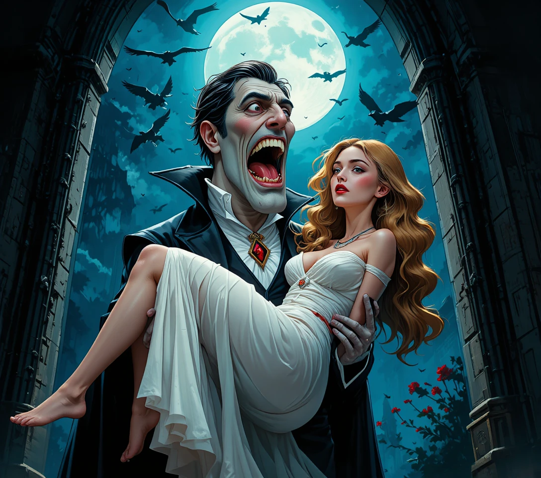 Vampiro pairando sobre mulher inconsciente sob a luz da lua gótica