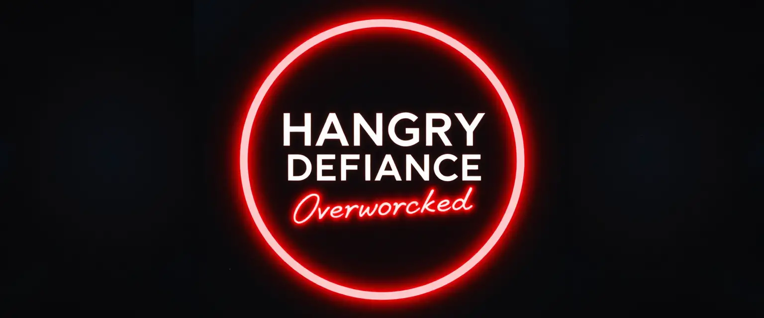 霓虹圓形橫幅搭配粗體 Hangry Defiance 標題