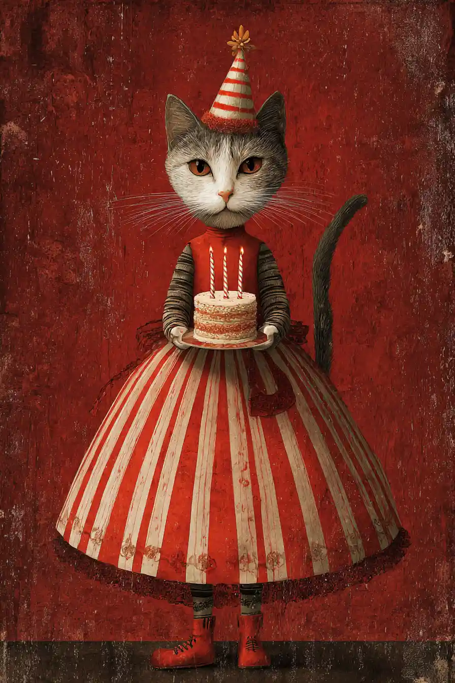 Cat lady in a striped red party dress holding birthday cake