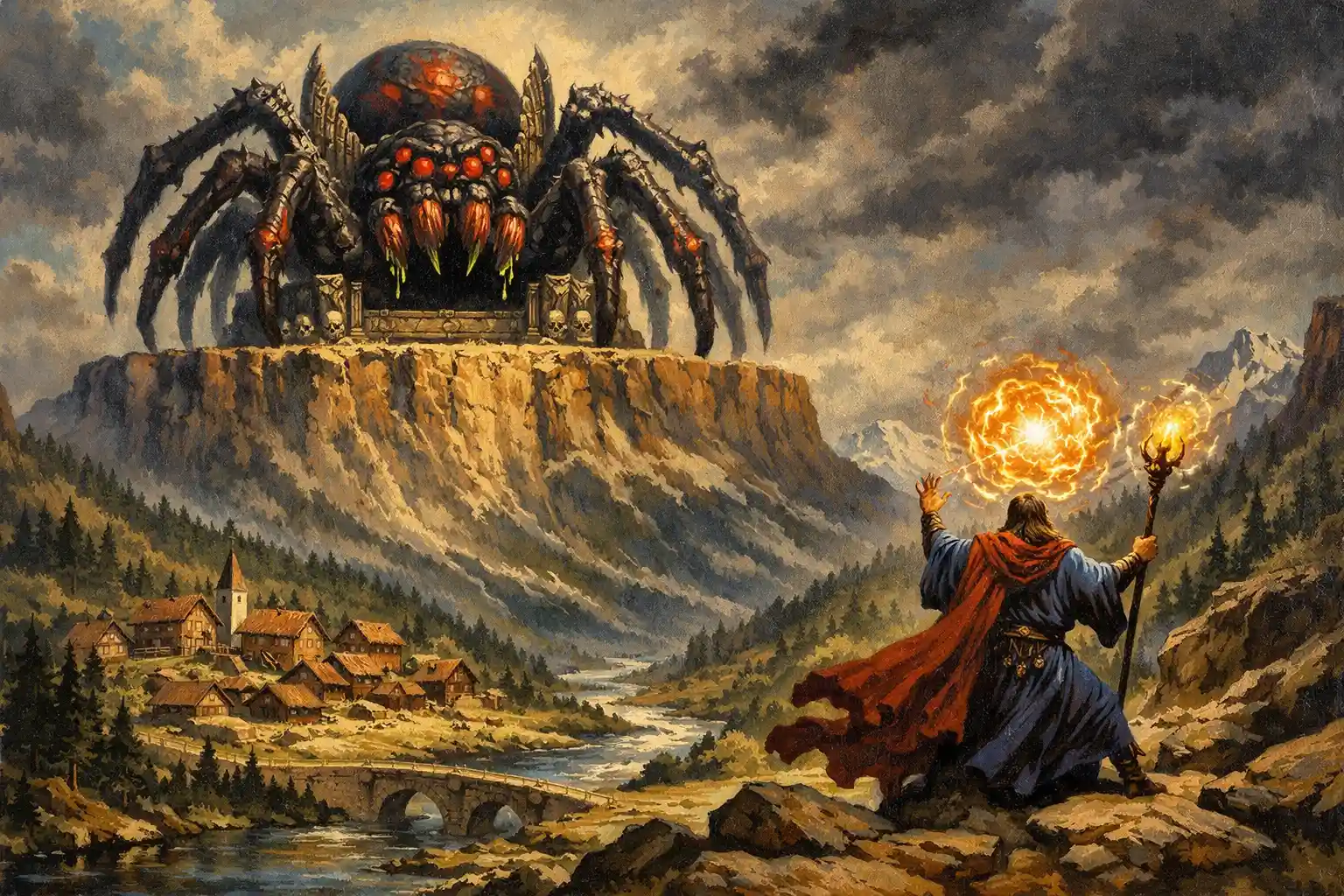 Colossal spider god on a mountain throne above village