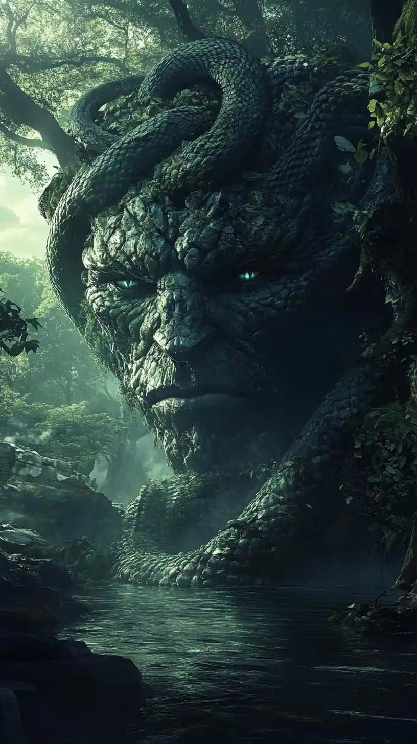 Maestosa lamia che emerge dalla nebbia in una foresta mistica