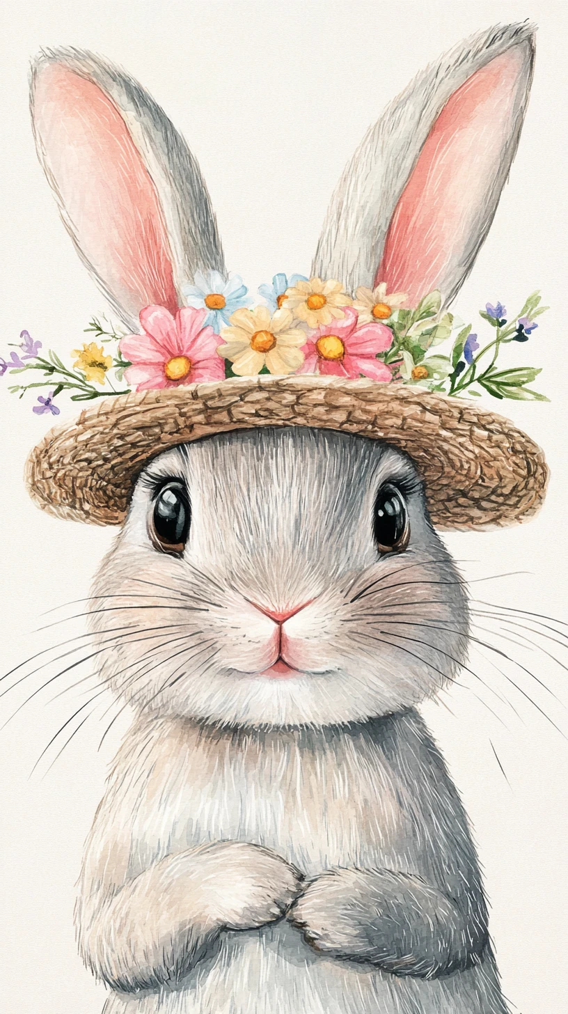 Coelhinho fofo com chapéu de flores de primavera em aquarela