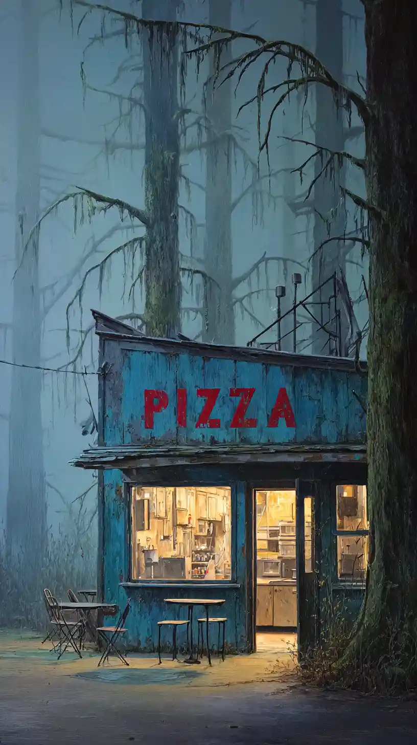 Lonely blue pizzeria glowing quietly in a misty forest