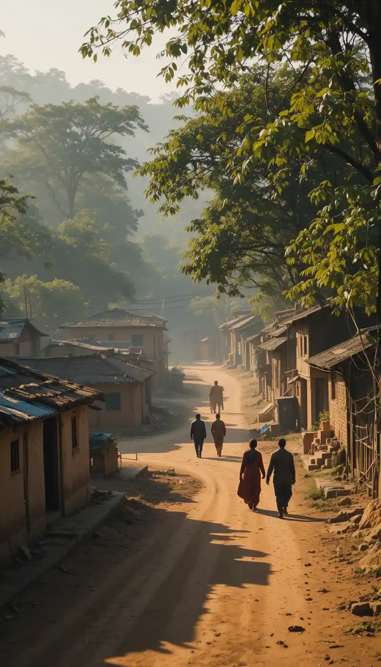 寧靜的印度村莊清晨，泥屋與樹木相映