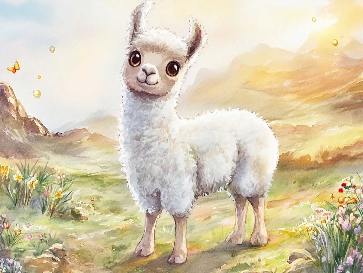 Adorable Baby Llama Watercolor In Sunlit Mountain Meadow