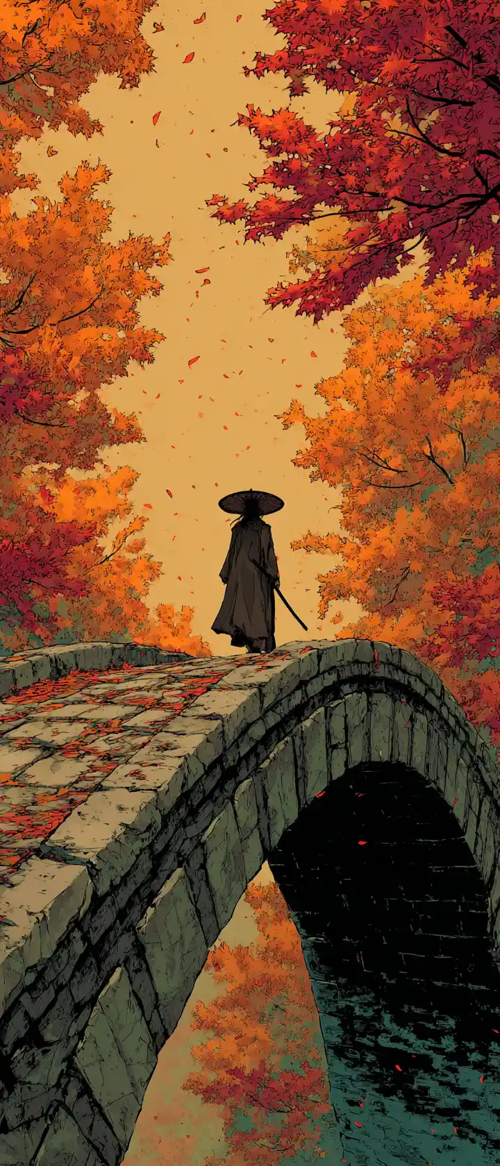 Weary traveler on an ancient stone bridge in autumn