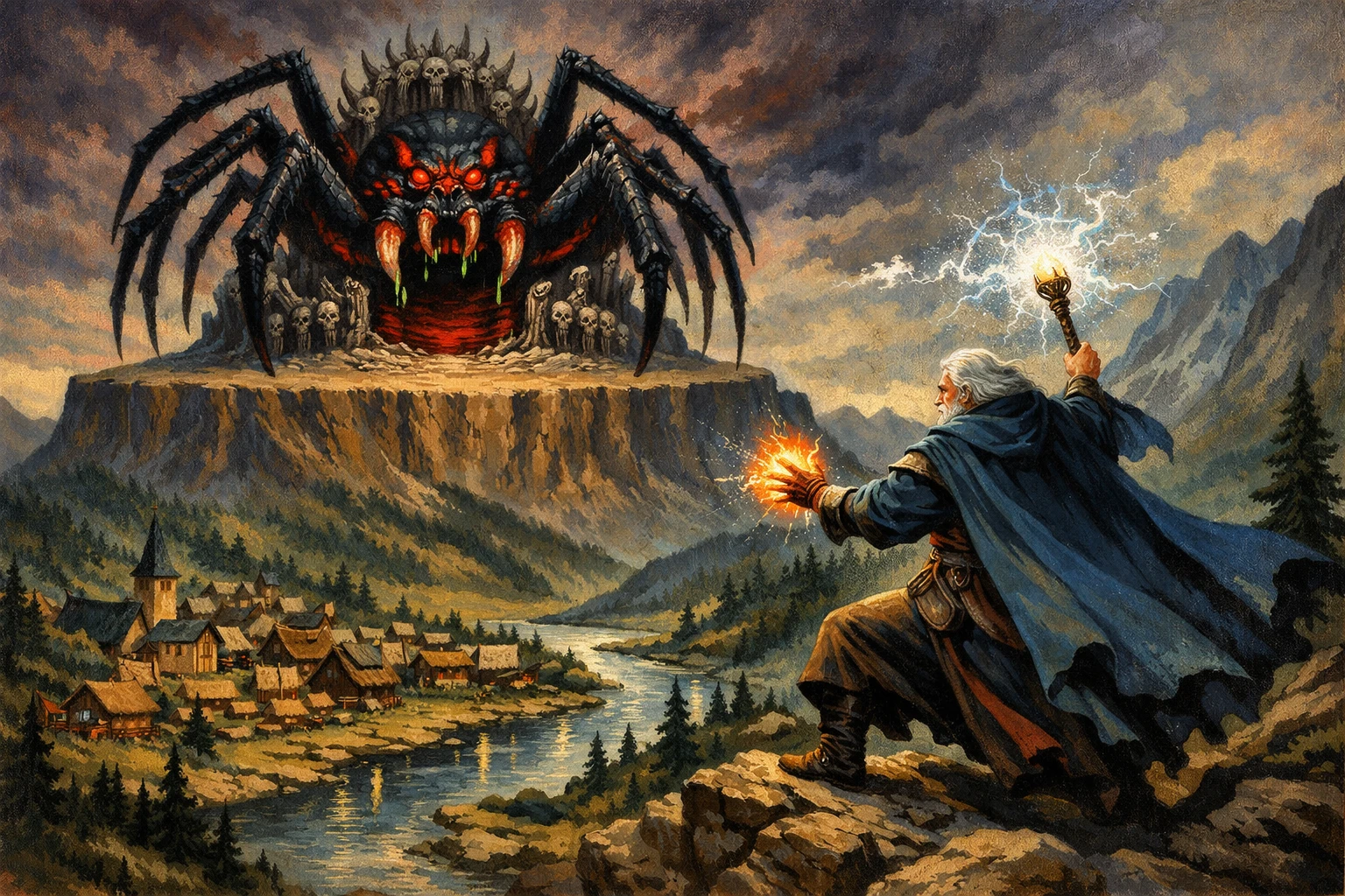 Colossal spider god on a flat mountain throne
