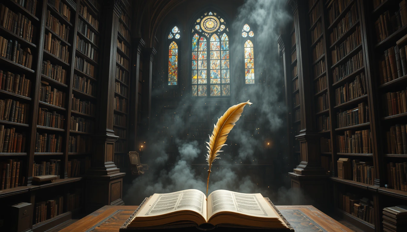 Biblioteca arcana com pena dourada flutuante e manuscrito antigo