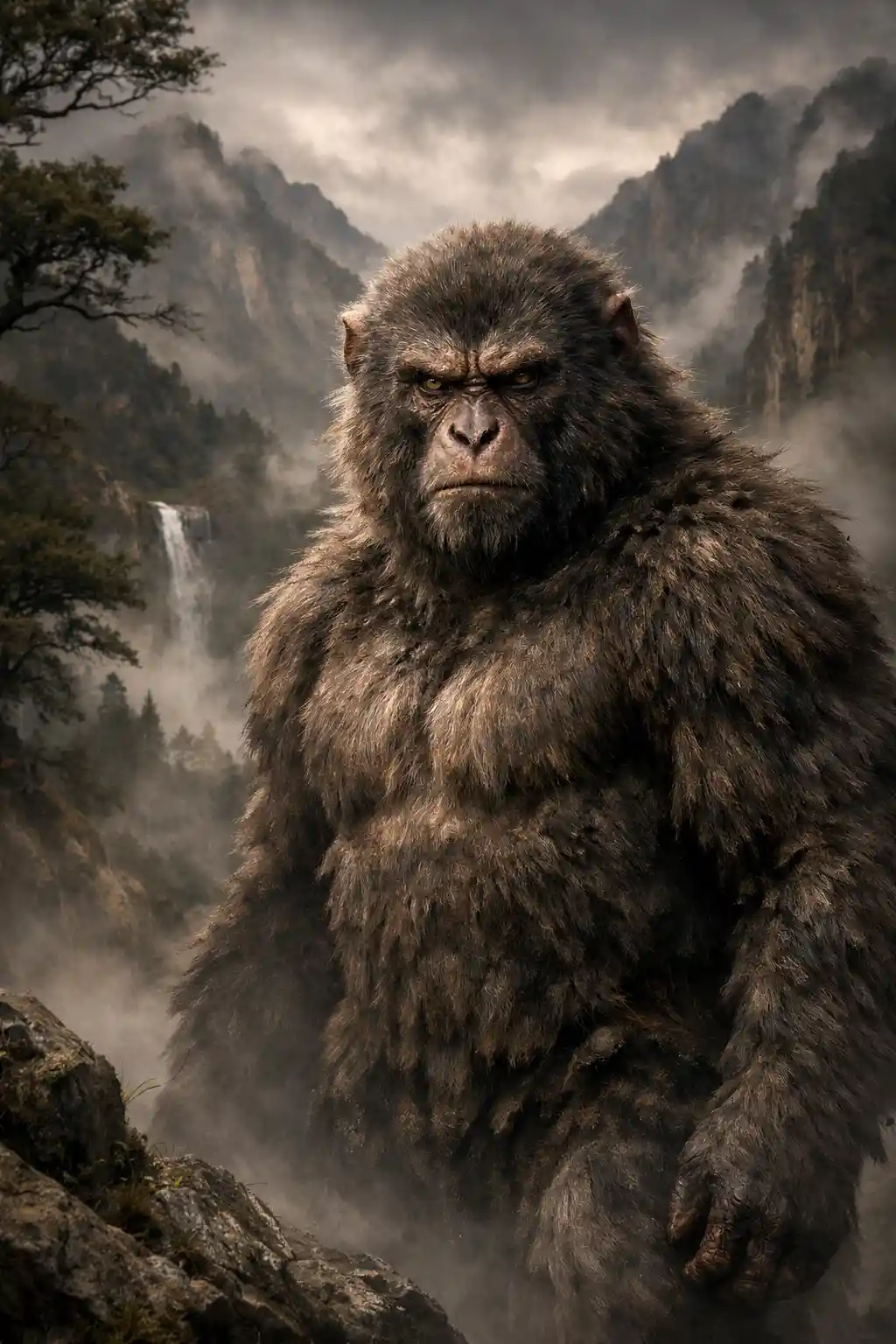 Mythical ape man in misty Japanese mountain forest