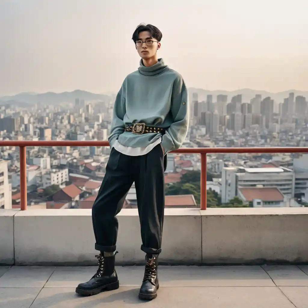 Joven con streetwear coreano híbrido y botas de combate