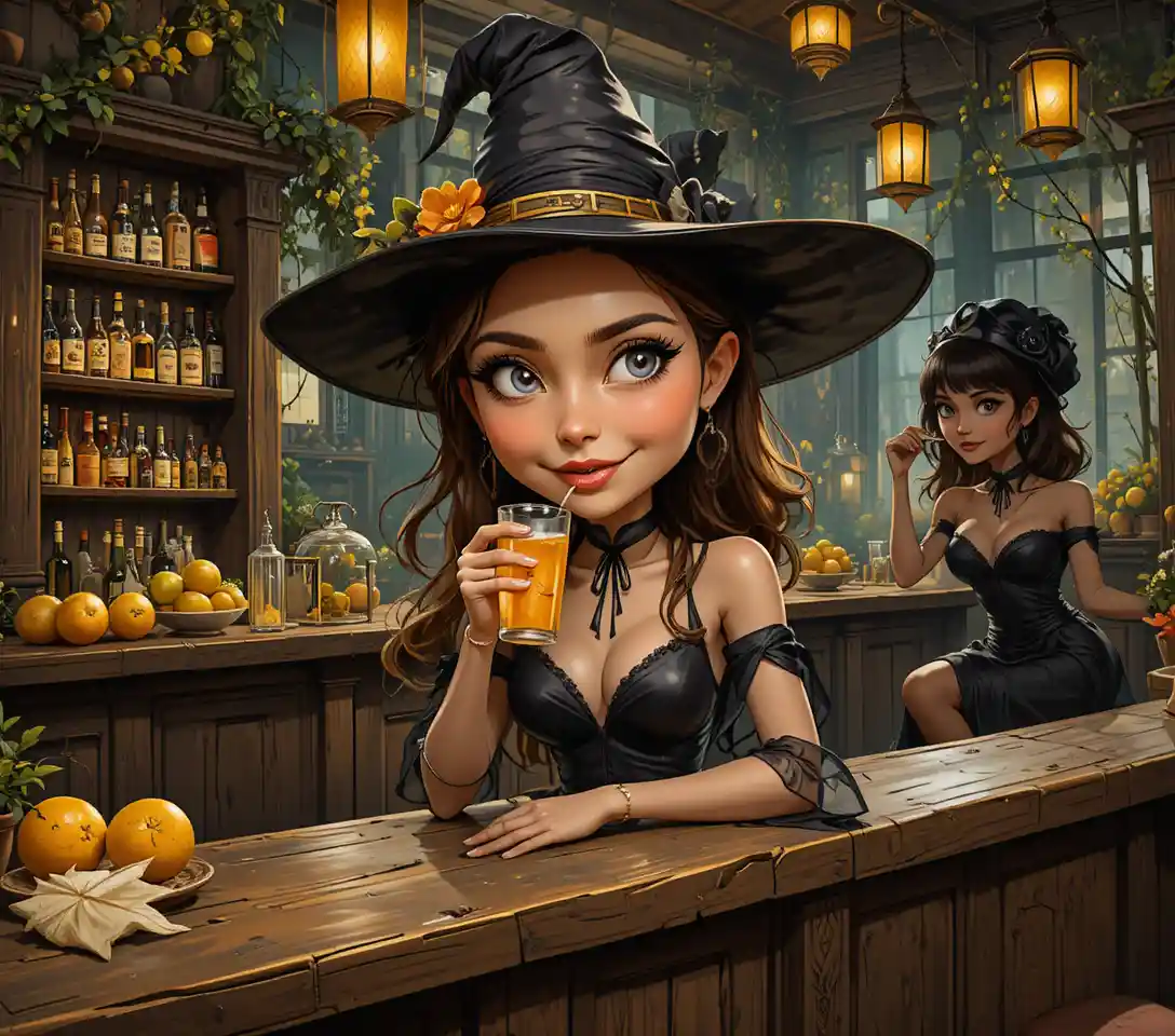 Curvy witch in black lingerie relaxing at a wooden bar