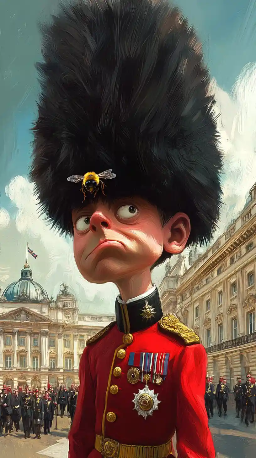 Young royal guard reacts to a bee at palace