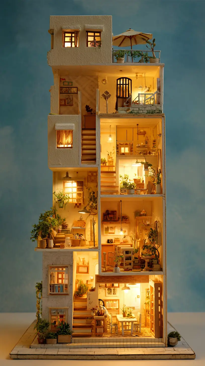 Coupe transversale d’un immeuble d’appartements miniature chaleureux avec pièces douillettes