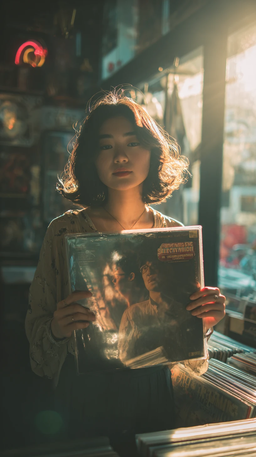 Asian woman holding vinyl in sunlit record store