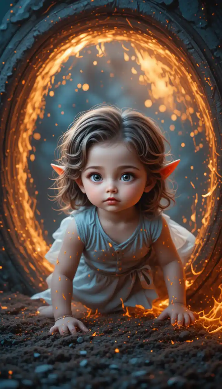 Baby elf girl crawling from a burning magical portal