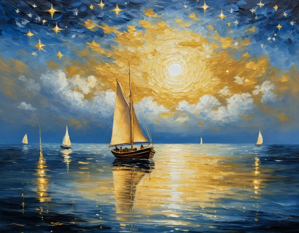 Pequeno barco navegando sob um céu noturno repleto de estrelas