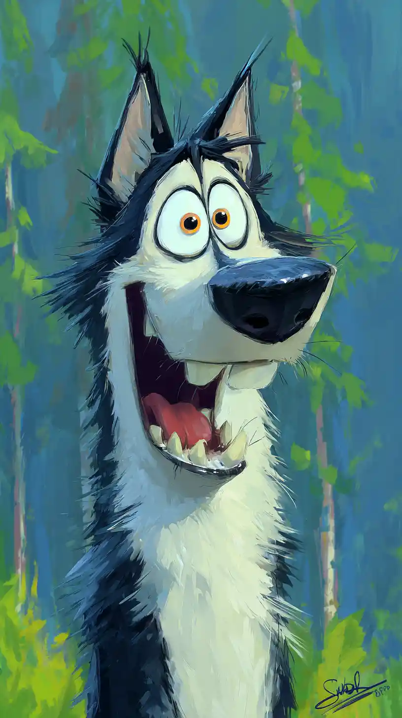 Goofy cartoon husky smiling in a bright forest