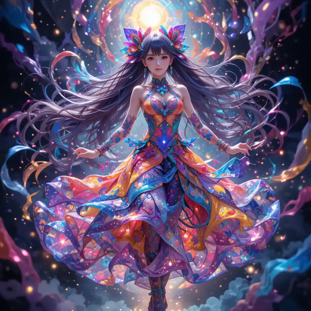 Fille d'anime dansant au milieu de lumières abstraites colorées tourbillonnantes