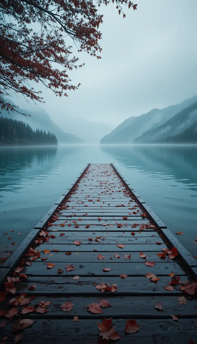 Passerelle en bois mouillée au bord du lac par temps de pluie et de brouillard