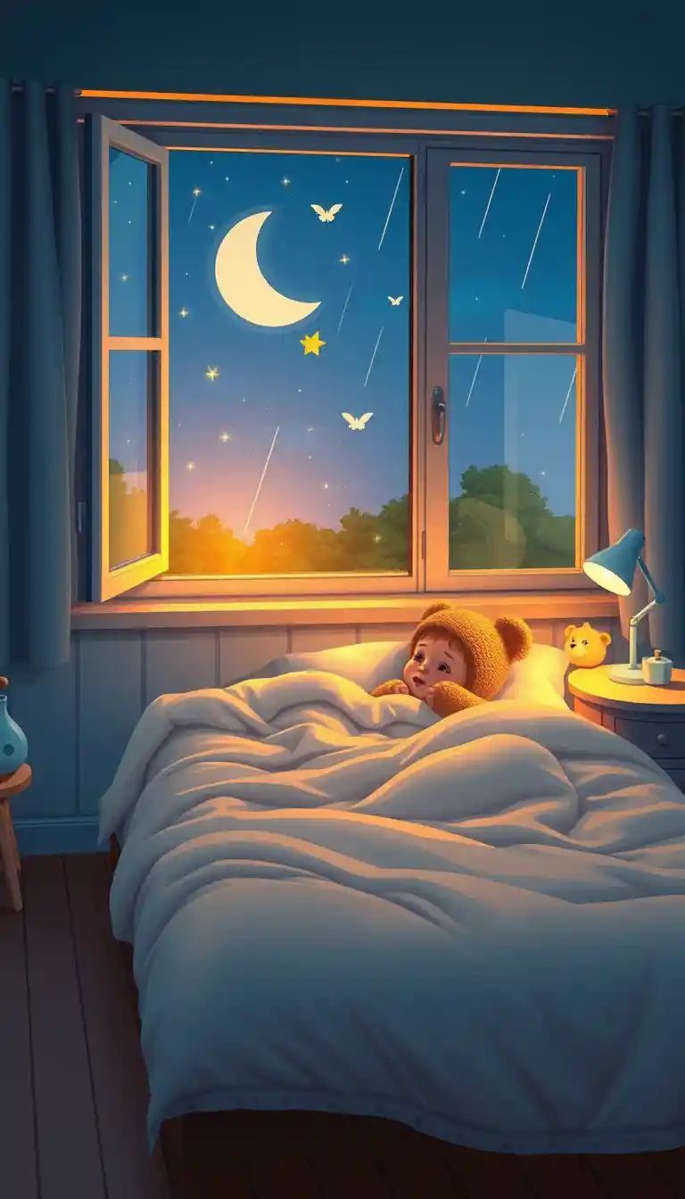 Child sleeping in moonlit bedroom with fireflies and teddy bear