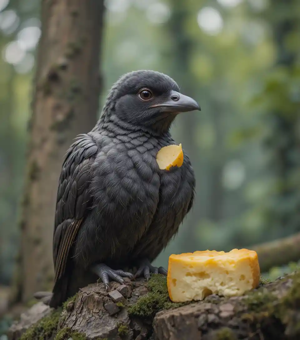 Corbeau perché sur un arbre de la forêt avec un morceau de fromage dans le bec