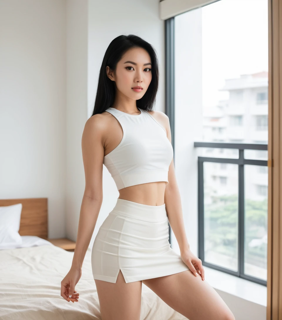 極簡公寓中穿著運動風服裝的越南女子