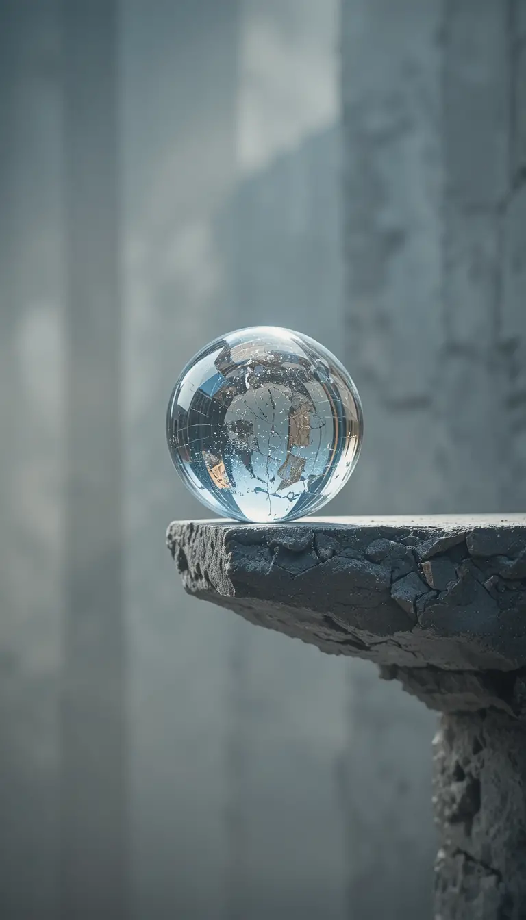 Sfera di cristallo in equilibrio sul bordo di una stretta lastra di pietra