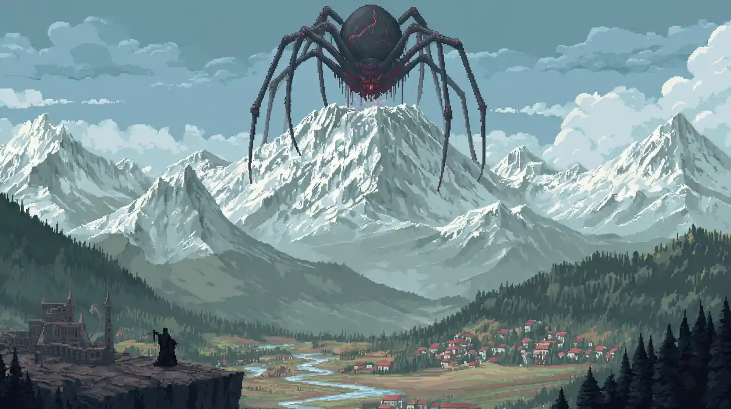 Colossal spider god on a flat topped mountain throne
