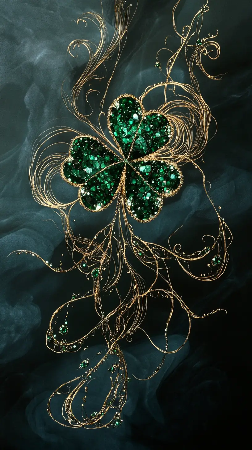 Floating shamrock with emeralds in swirling dark ink
