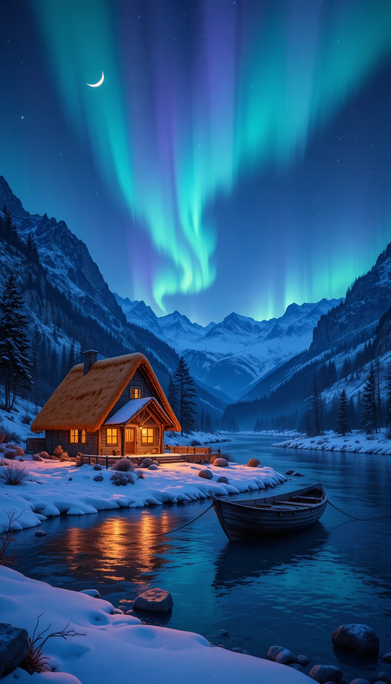 Cozy riverside cottage under aurora in snowy mountains