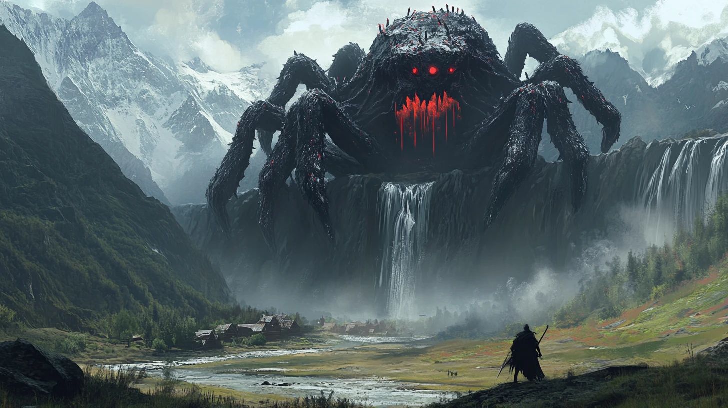 Deus-aranha colossal em trono na montanha acima da vila