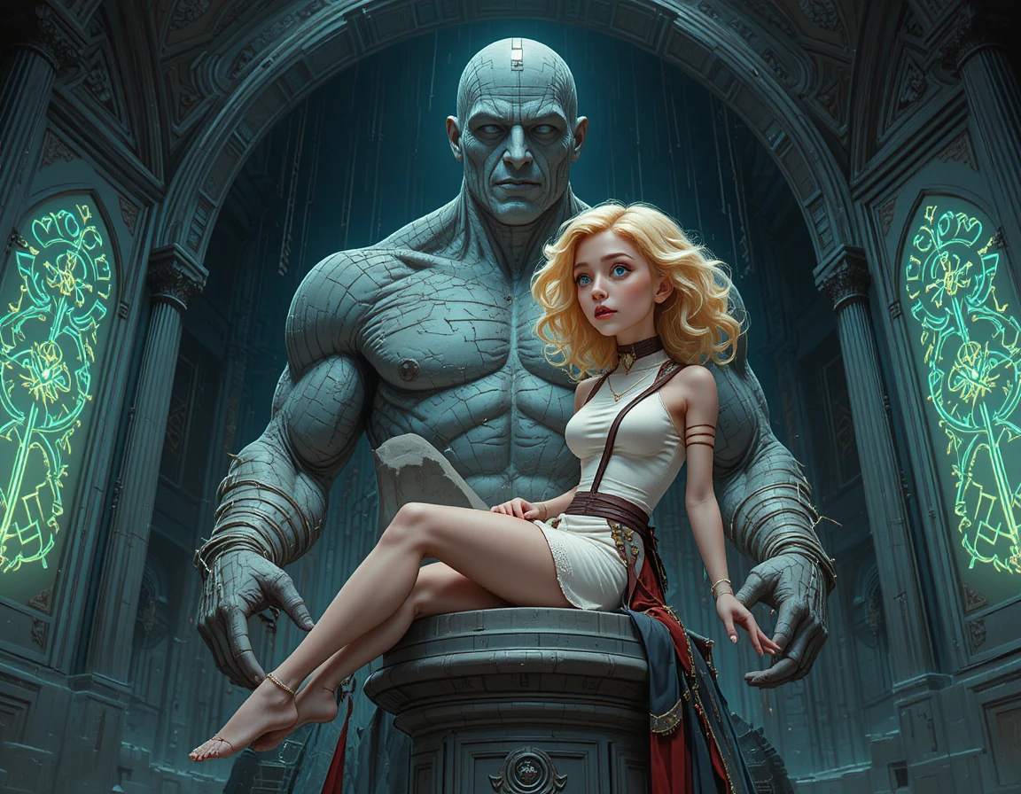 Jeune fille blonde en blanc et rouge reposant sur un piédestal