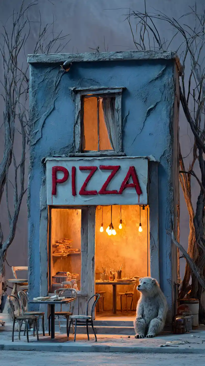 Lonely Blue Pizzeria In A Foggy Twilight Forest
