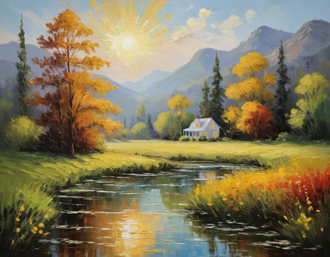Paesaggio impressionista al sole con atmosfera morbida e serena