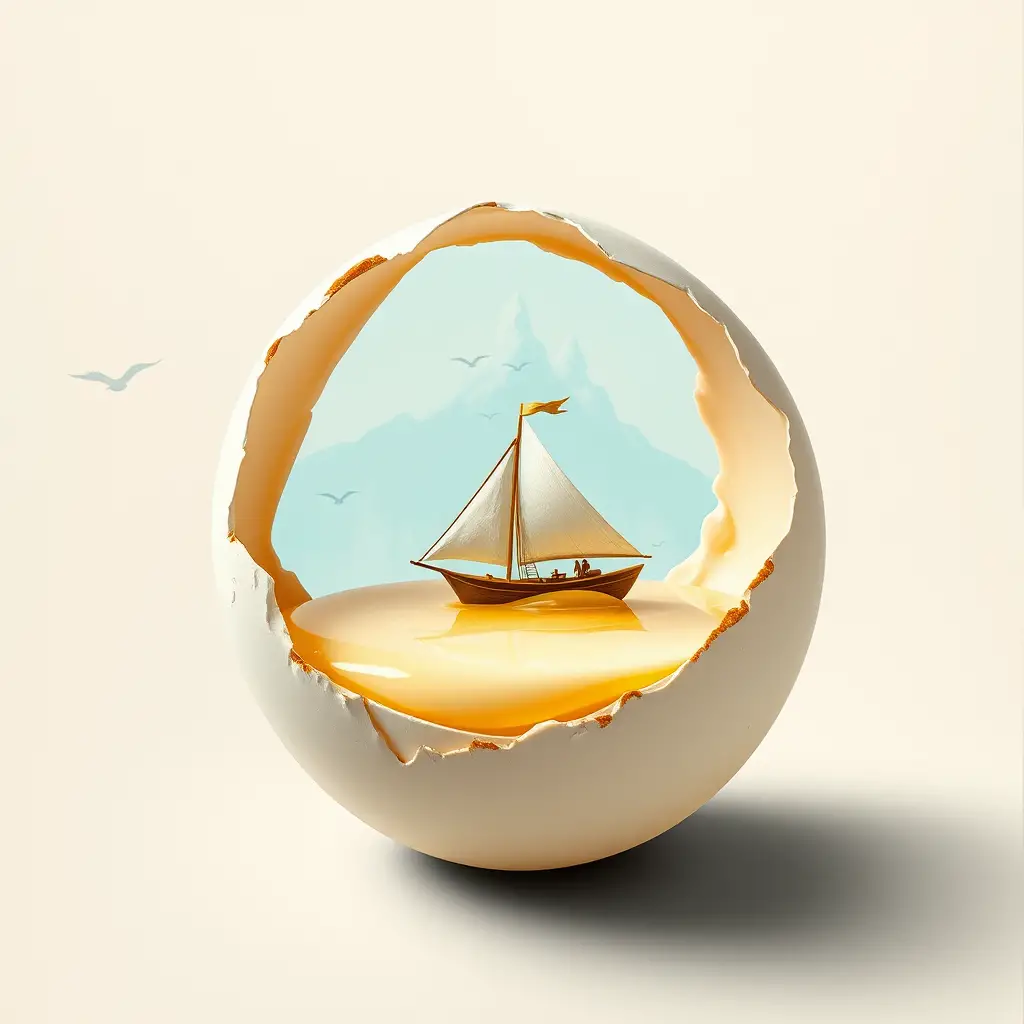 Voilier miniature flottant sur une mer de blanc d’œuf