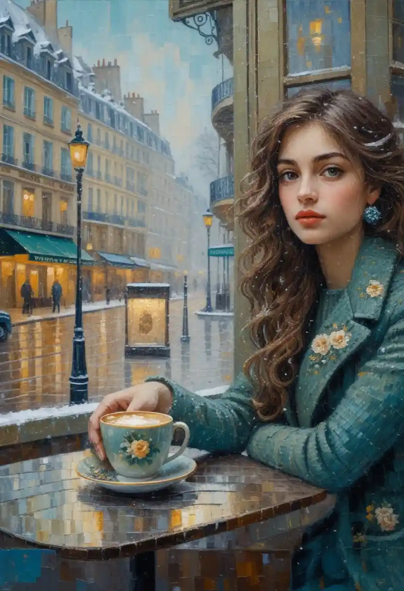 Pensive young woman in a snowy Parisian cafe painting