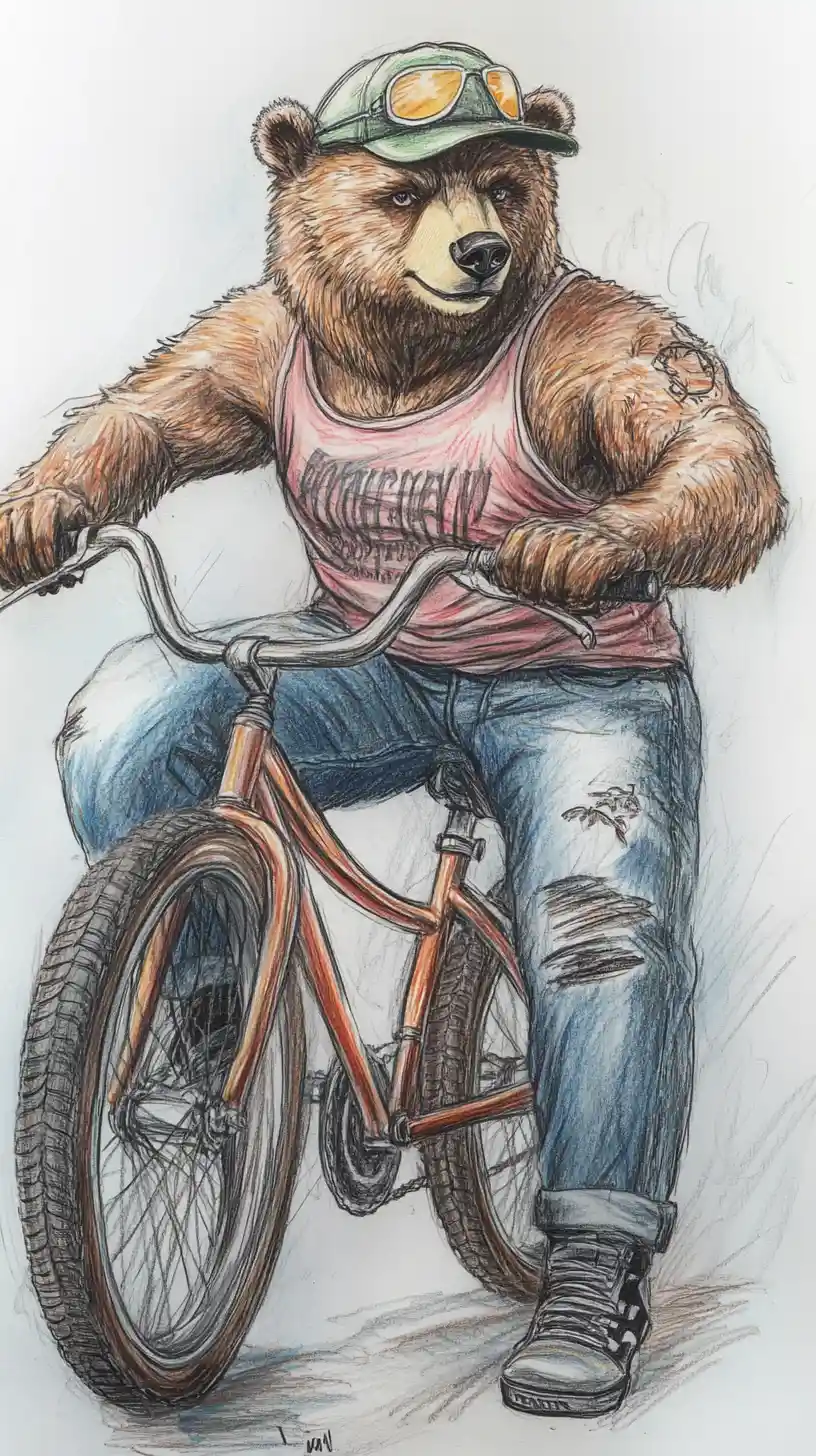Oso grizzly montando en bicicleta con atuendo casual de mezclilla