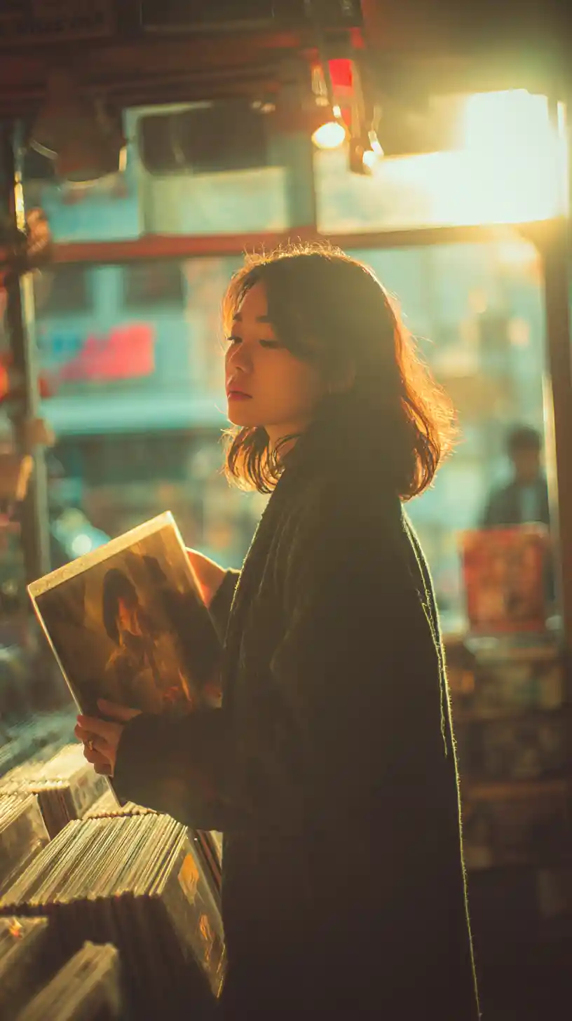 Asian woman holding vinyl in sunlit record store