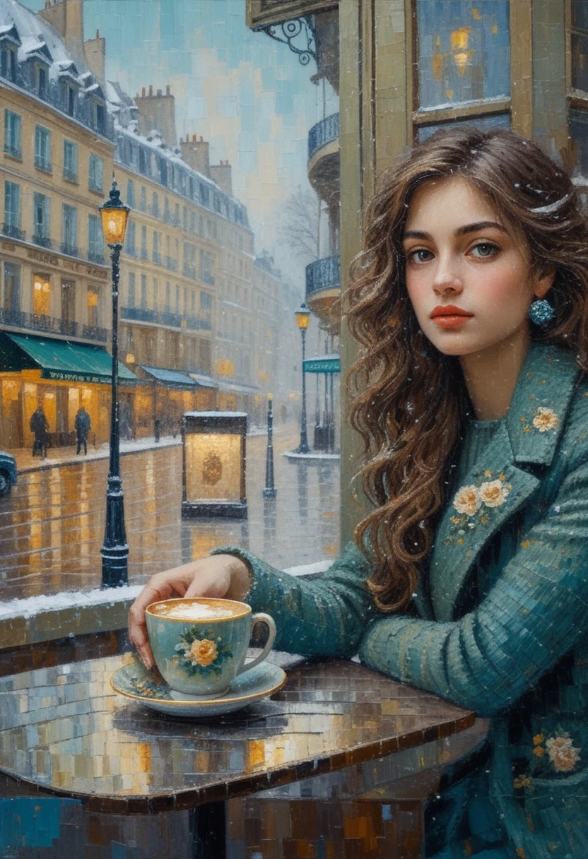 Pensive young woman in a snowy Parisian cafe painting