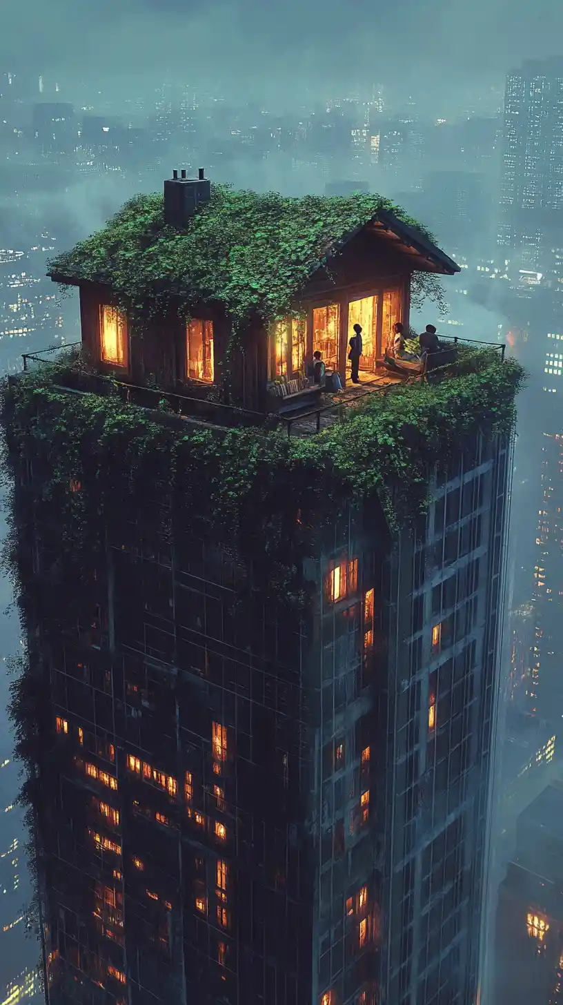 Cottage rustico in cima a un imponente grattacielo futuristico