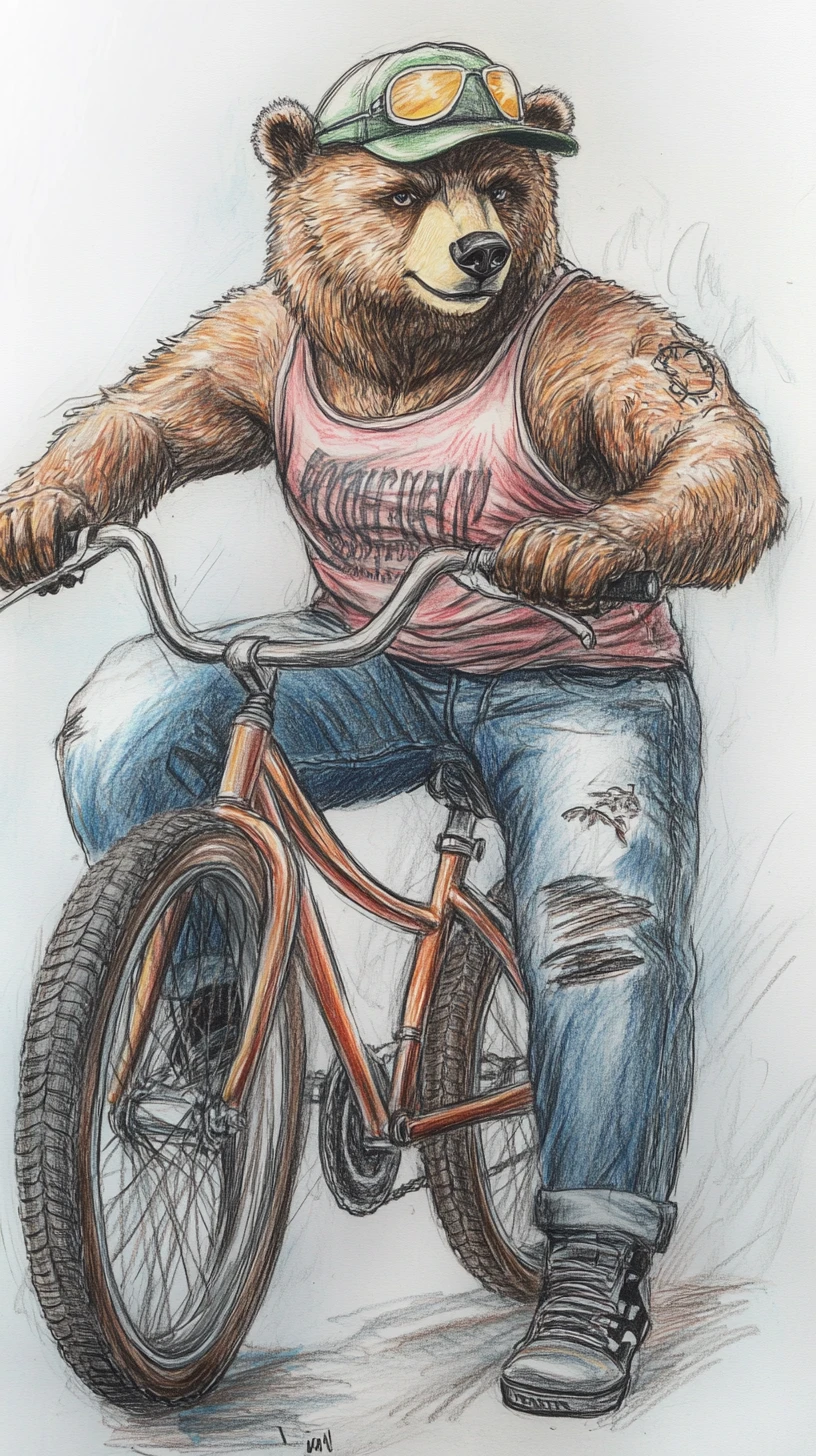 Urso-pardo andando de bicicleta com roupa casual de jeans