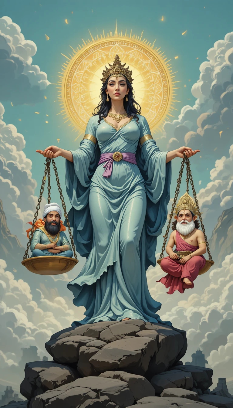 Deusa da Justiça pesando figuras religiosas em estilo cartoon na balança