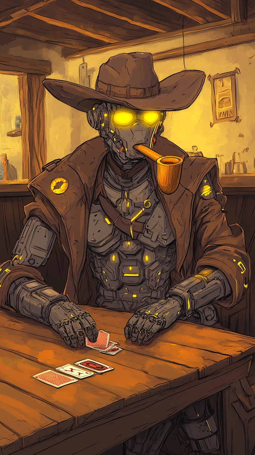 Cowboy-Roboterstier raucht und spielt Karten im Saloon