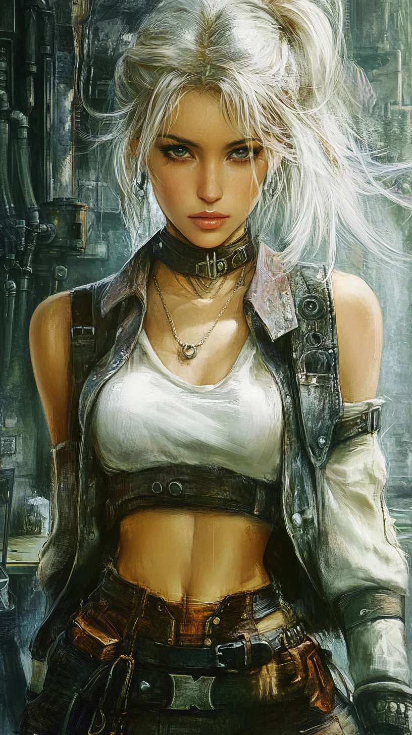 Fantasy mechanic girl in an urban steampunk car workshop