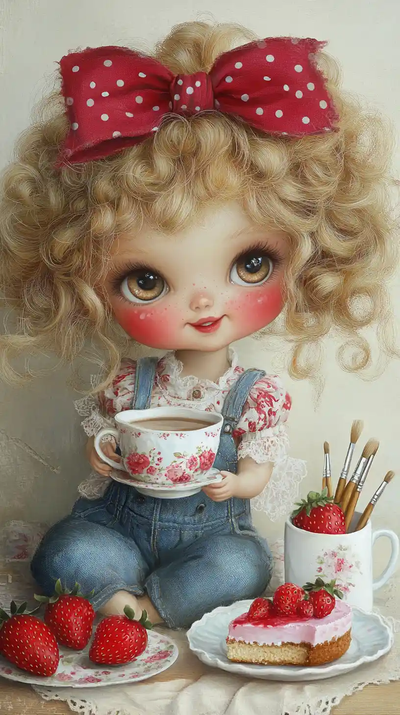Boneca loira fofa em uma mesa aconchegante com bolo e chá