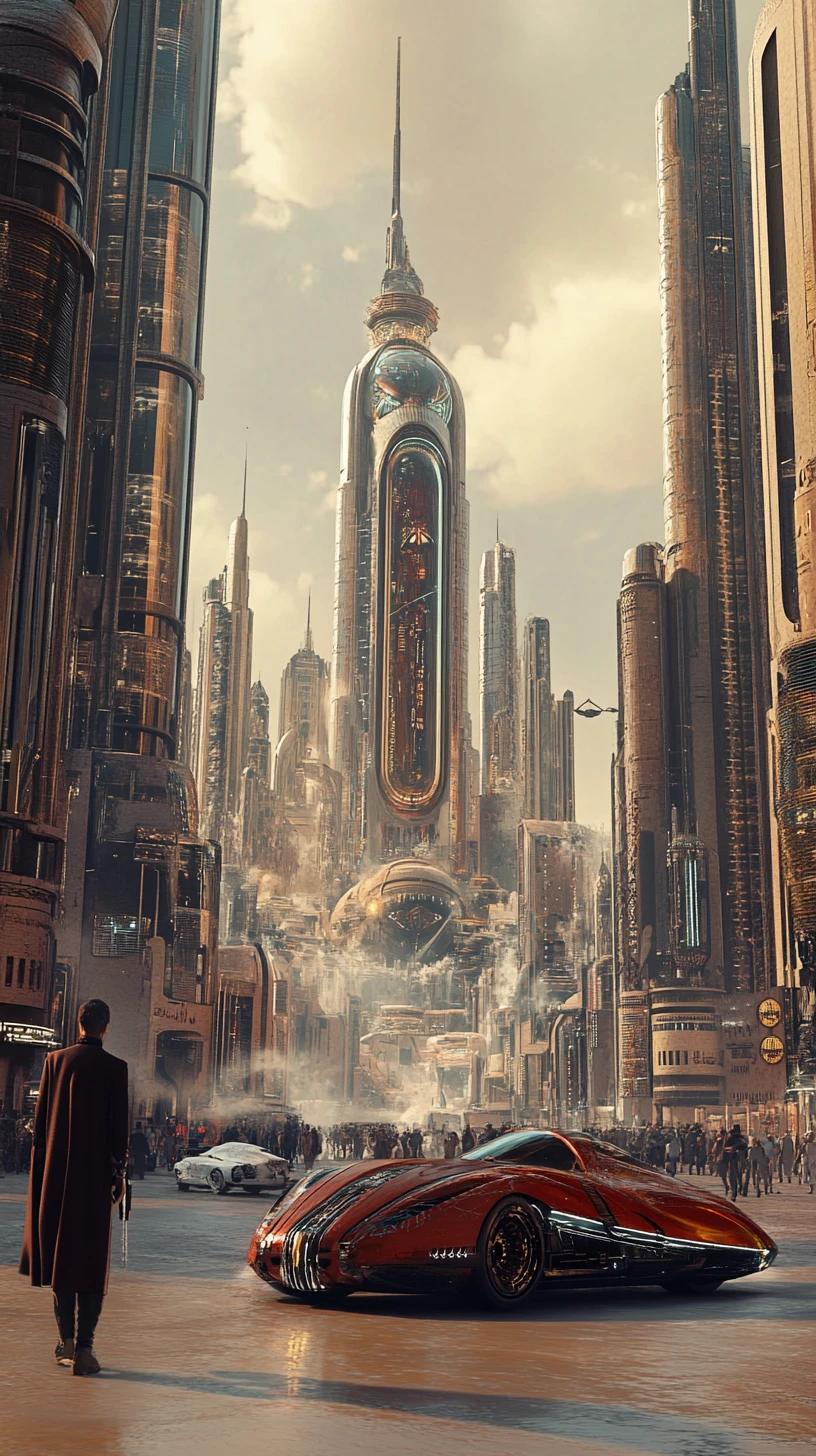 Homem careca com capa plástica em uma cidade futurista no deserto