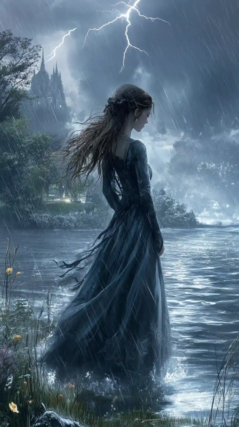 Jeune fille fantastique au bord d’un lac orageux