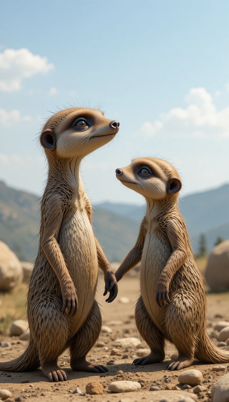 Young meerkat meeting a friendly warthog on the savanna